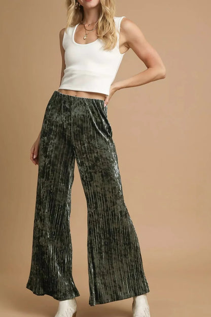 Umgee Velvet Pleated Wide Leg Pants