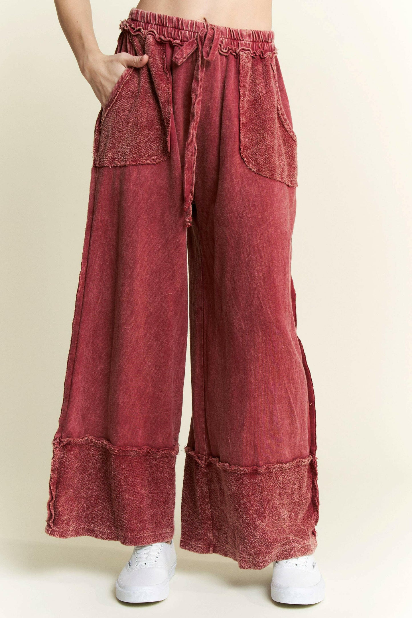 J.HER Mineral Wash Wide Pants with Raw Hem Frayed Details