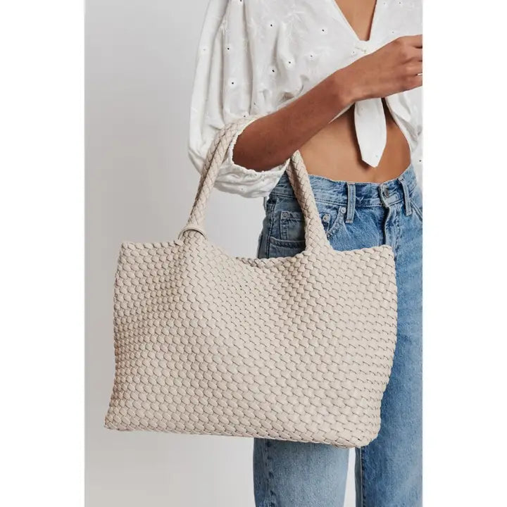 Solana Woven Vegan Leather Tote (Ivory)