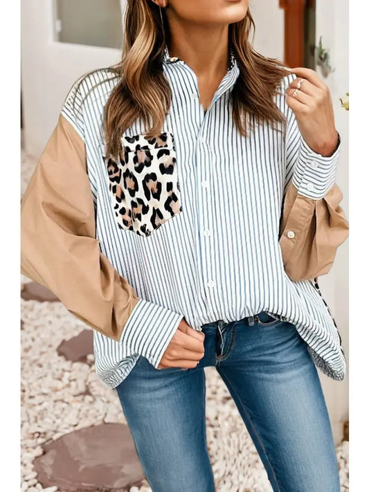 Leopard Patchwork Chest Pocket Buttoned Sleeve Shirt