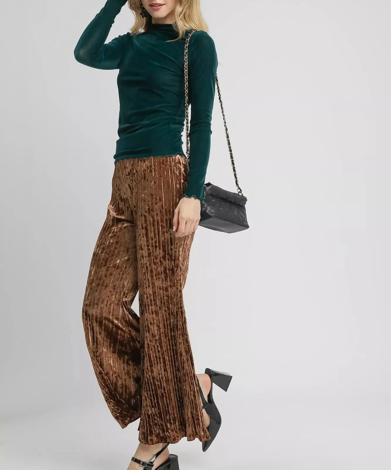Umgee Velvet Pleated Wide Leg Pants