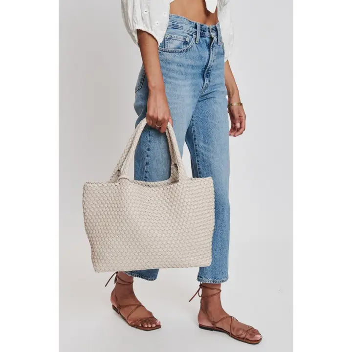 Solana Woven Vegan Leather Tote (Ivory)