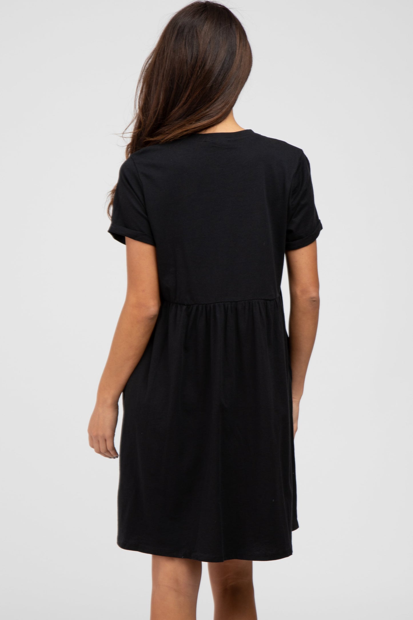 Black Cuffed Short Sleeve Babydoll Dress