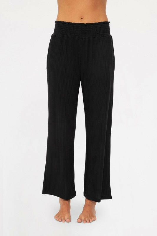 Mono B Smocked Waistband Ribbed Wide Leg Pants