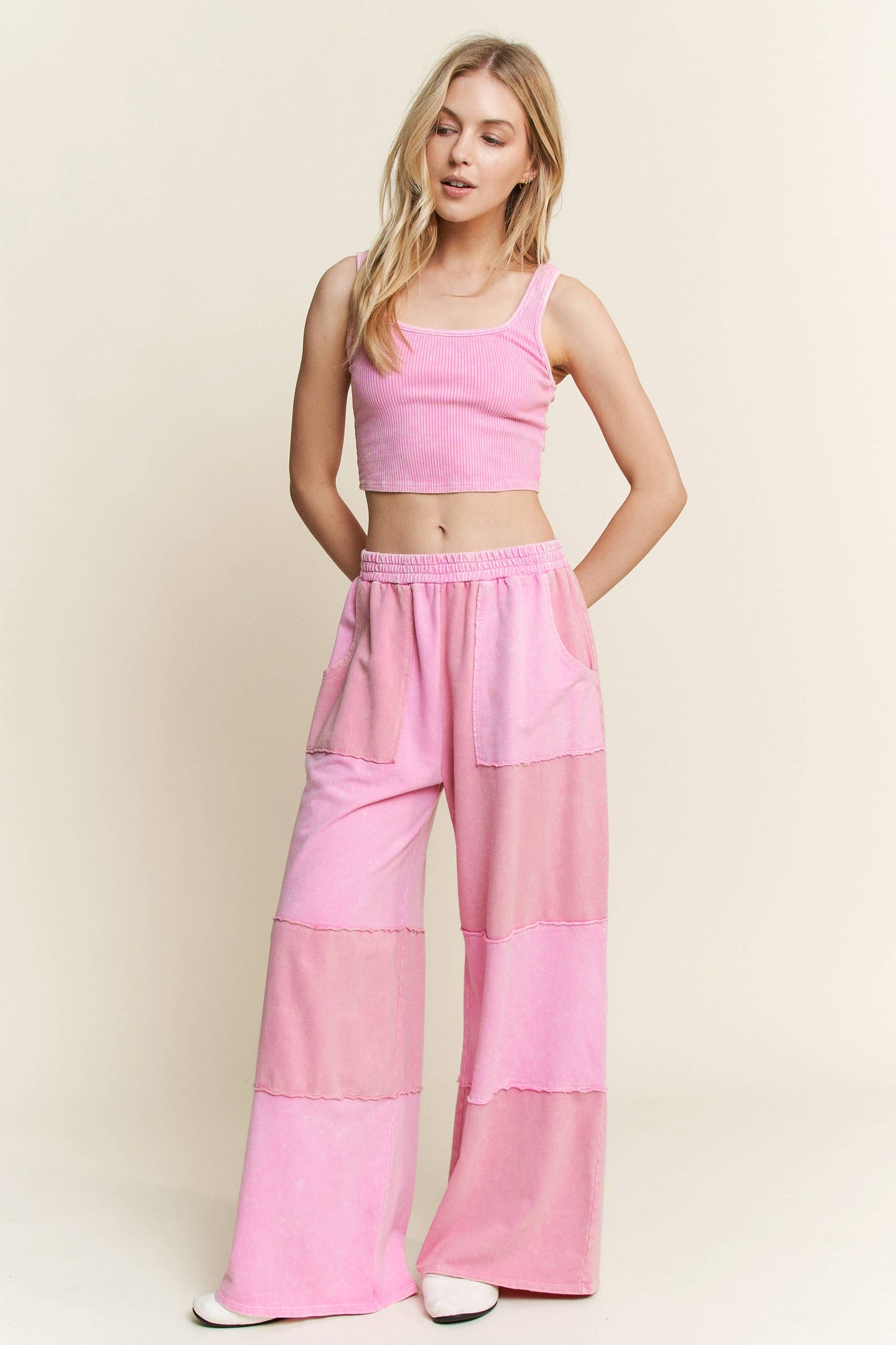 Mineral Wash Color Block Wide-leg Lounge Pants