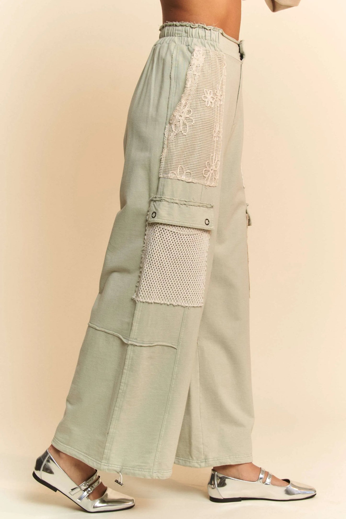 Davi & Dani Lace Patchwork Bottom Opening Adjustable Pants