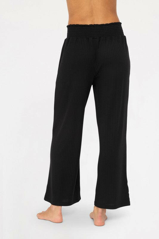 Mono B Smocked Waistband Ribbed Wide Leg Pants