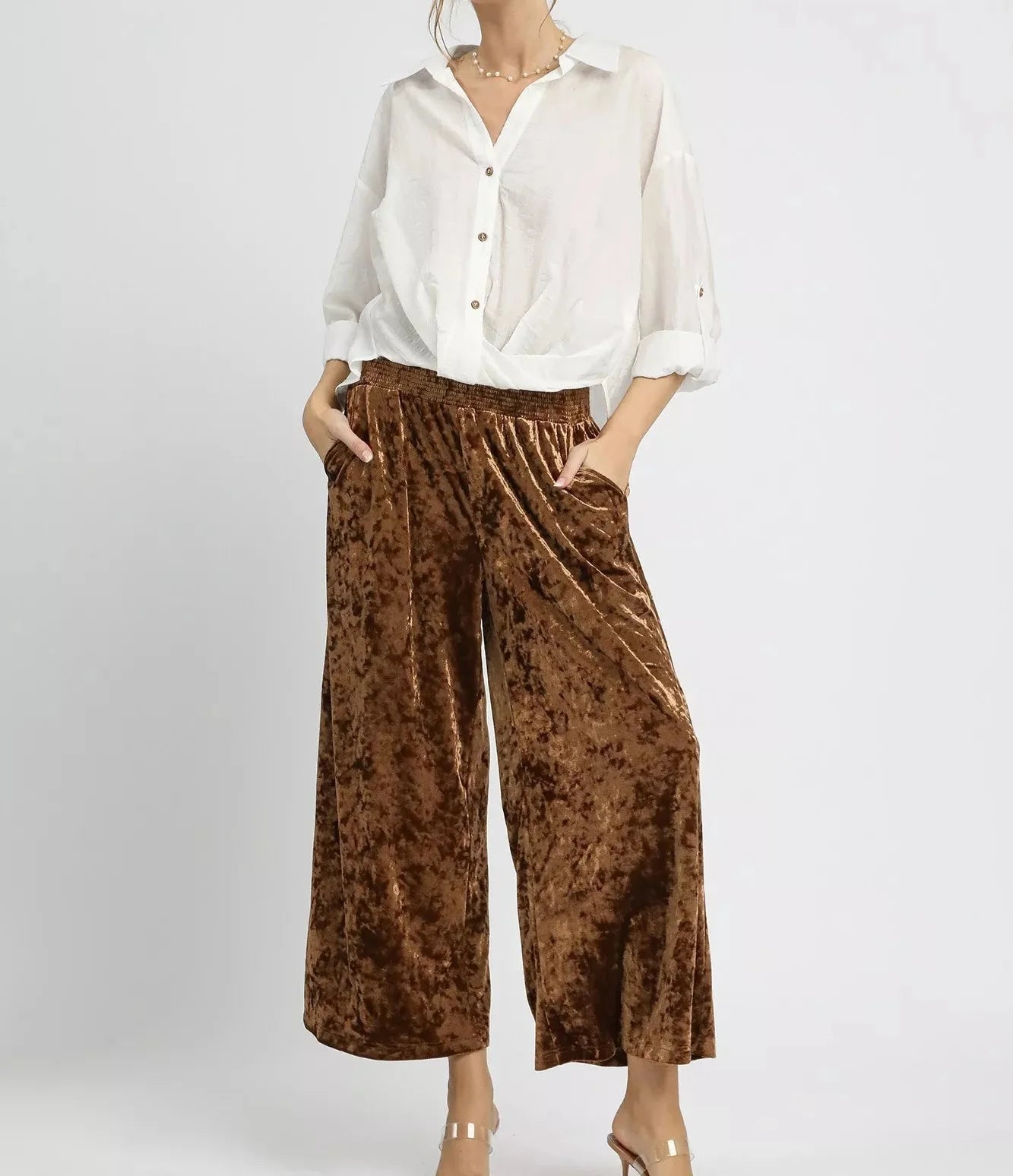 Umgee Velvet Smocked Waistband Wide Leg Pants