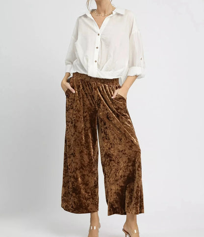 Umgee Velvet Smocked Waistband Wide Leg Pants
