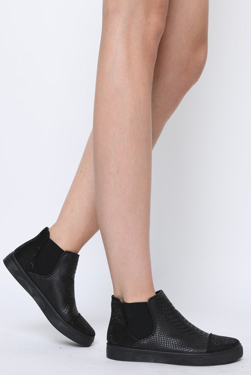 All Black Snakeskin Diamante High Top Trainers - Kaia