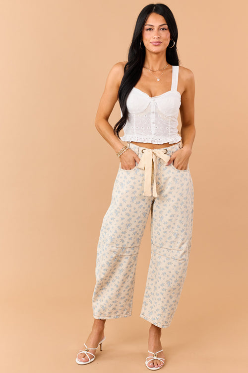 Almond Floral Print Waist Tie Barrel Jeans