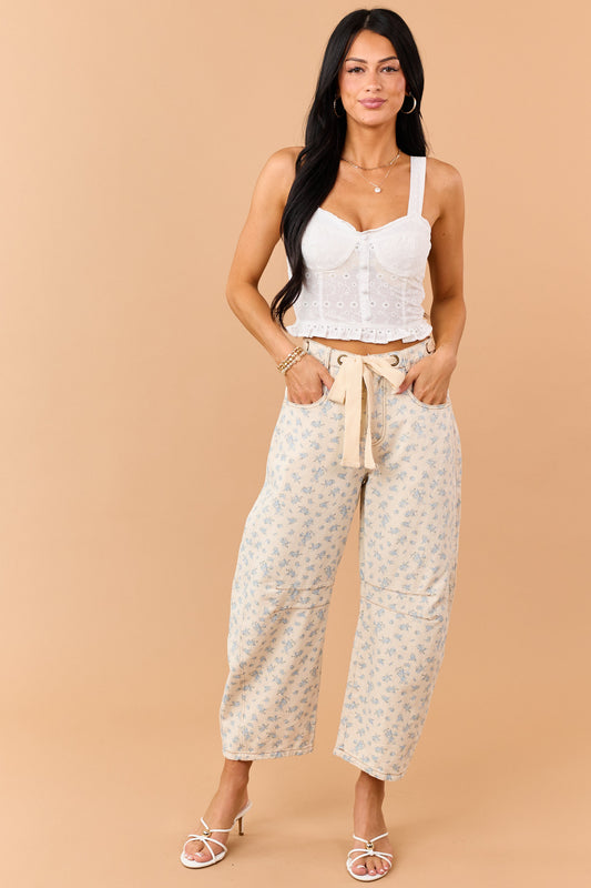 Almond Floral Print Waist Tie Barrel Jeans