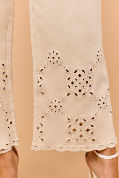 Almond Scalloped Embroidered Hem Wide Crop Jeans