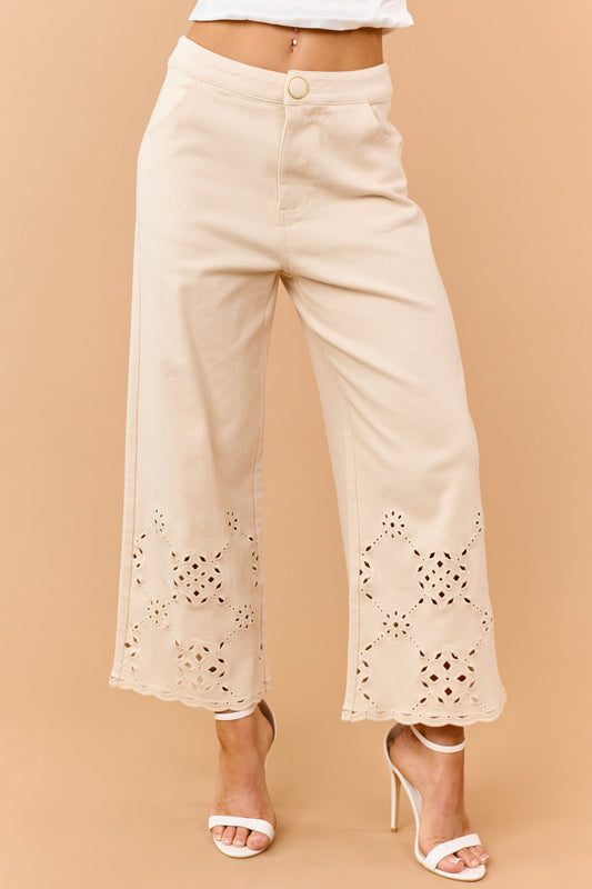 Almond Scalloped Embroidered Hem Wide Crop Jeans