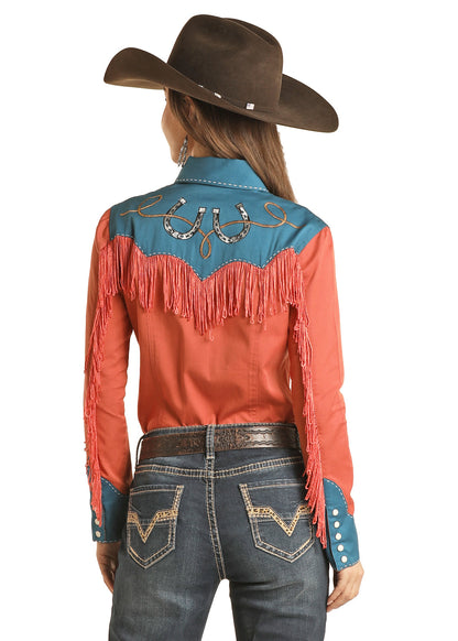 ROCK & ROLL LADIES RUST FRINGED RETRO SNAP SHIRT