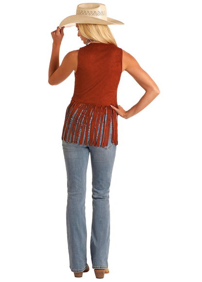 ROCK & ROLL BROWN STUDDED MICROSUEDE FRINGE TOP