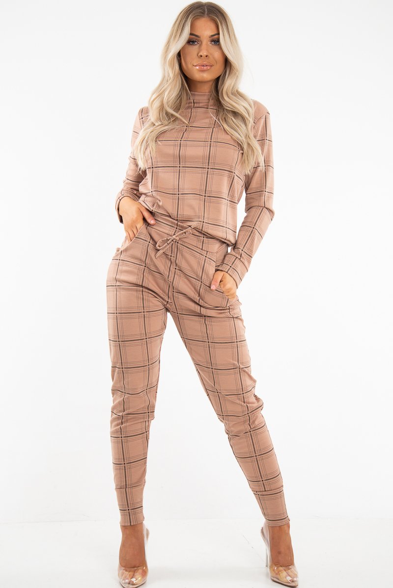Beige Check Sweatshirt Joggers Loungewear Set - Mica