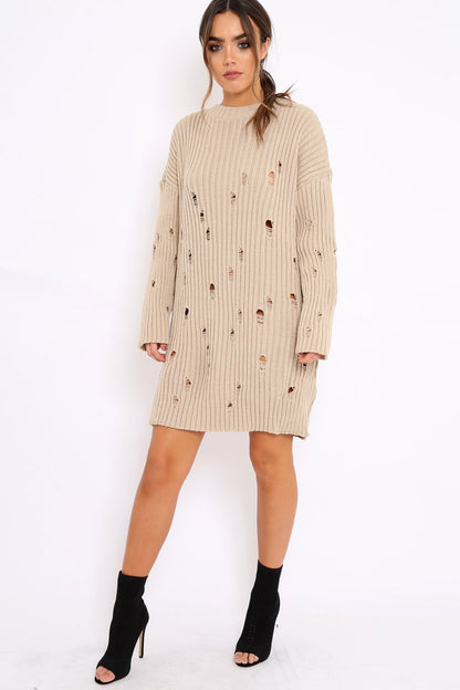 Beige Distressed Cable Knit Jumper Dress - Abea