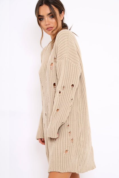 Beige Distressed Cable Knit Jumper Dress - Abea