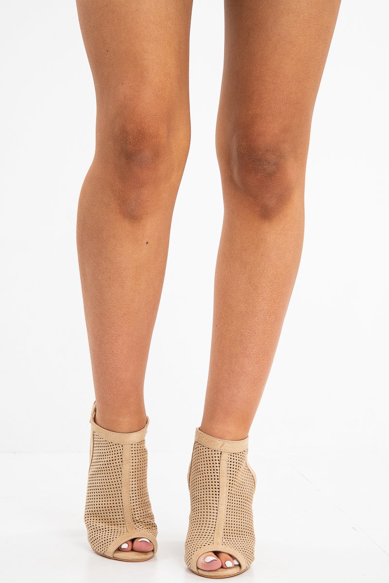 Beige Faux Suede Cage Front Block Heels - Shannon