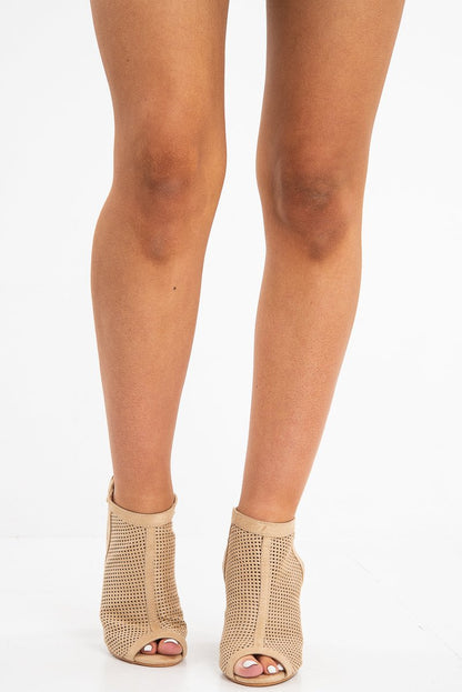 Beige Faux Suede Cage Front Block Heels - Shannon