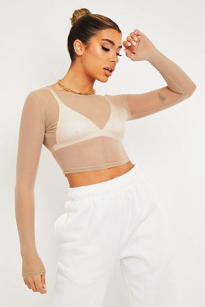 Beige Mesh Long Sleeve Crop Top - Aaima