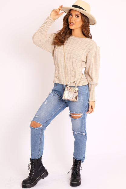 Beige Snake Faux Croc Mini Handbag - Ramie