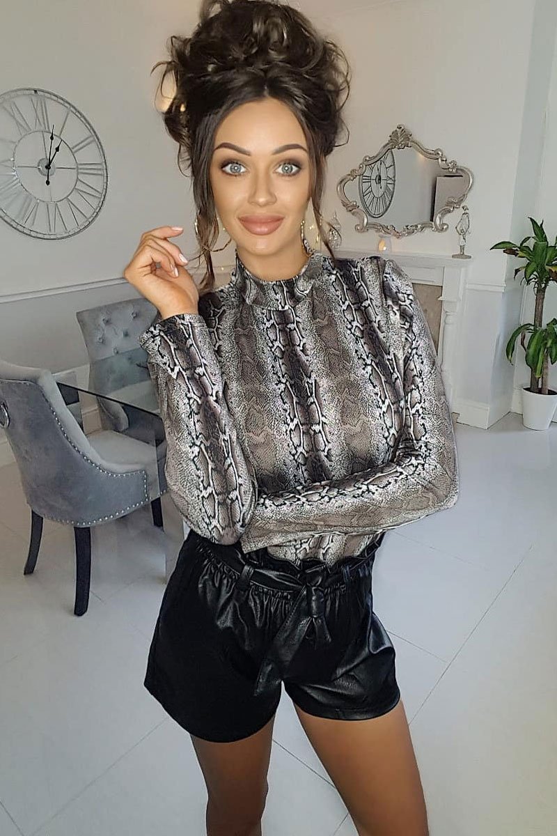 Beige Snake Print High Neck Long Sleeve Bodysuit - Monique