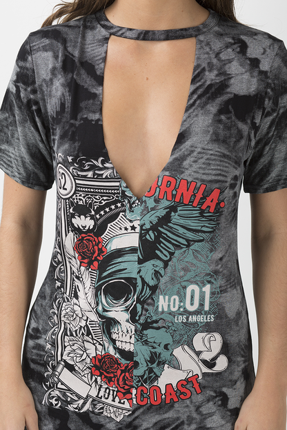 Black Acid Wash Cut Out Graphic Print T-Shirt Dress - Savannah