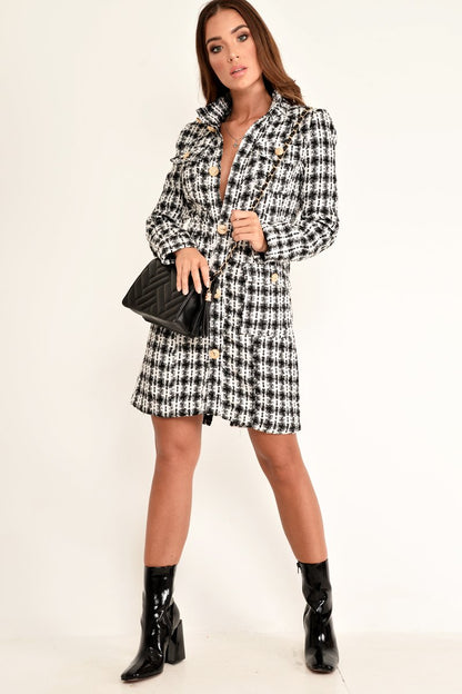 Black And White Tweed Gold Button Longline Jacket - Madalynn