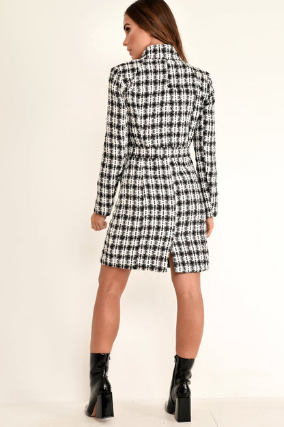 Black And White Tweed Gold Button Longline Jacket - Madalynn