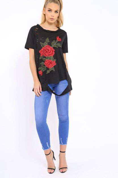Black Applique Slashed Over Sized T-Shirt - Louella