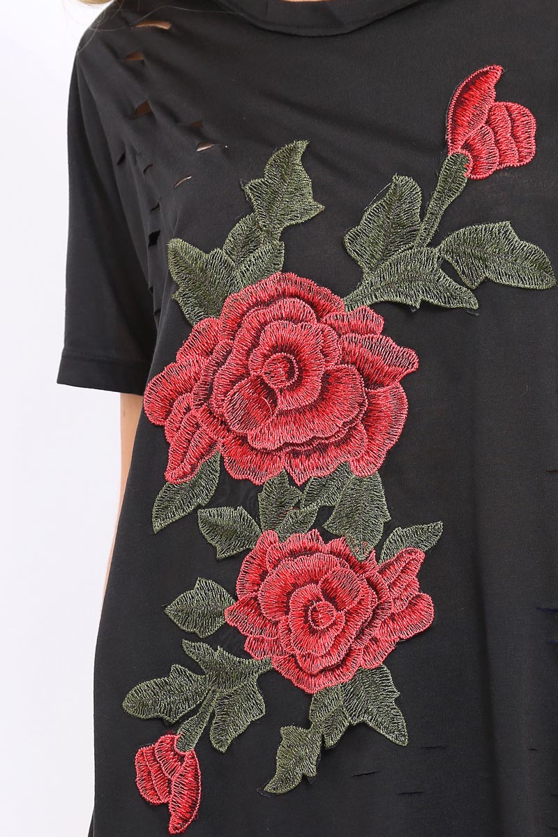 Black Applique Slashed Over Sized T-Shirt - Louella