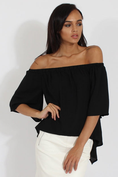 Black Bardot Split Back Dipped Hem Top - Cici