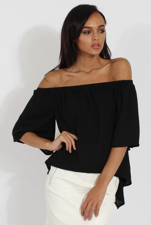 Black Bardot Split Back Dipped Hem Top - Cici