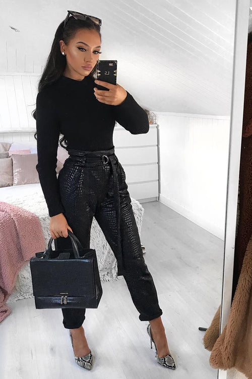Black Belted Croc Print Tapered Trousers - Aasia