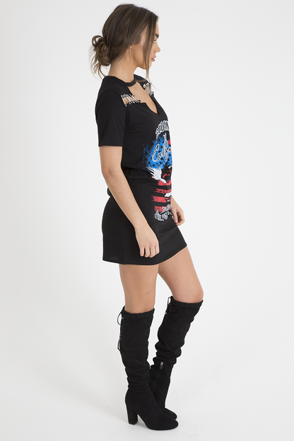Black 'Riding In California' Graphic Print Cut Out Pin Detail T-Shirt Dress - Harper