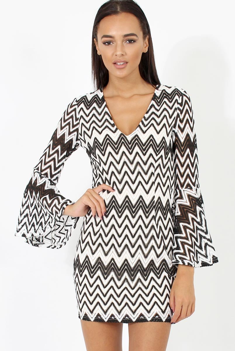 Black & White Crochet Flare Sleeve Dress - Kady