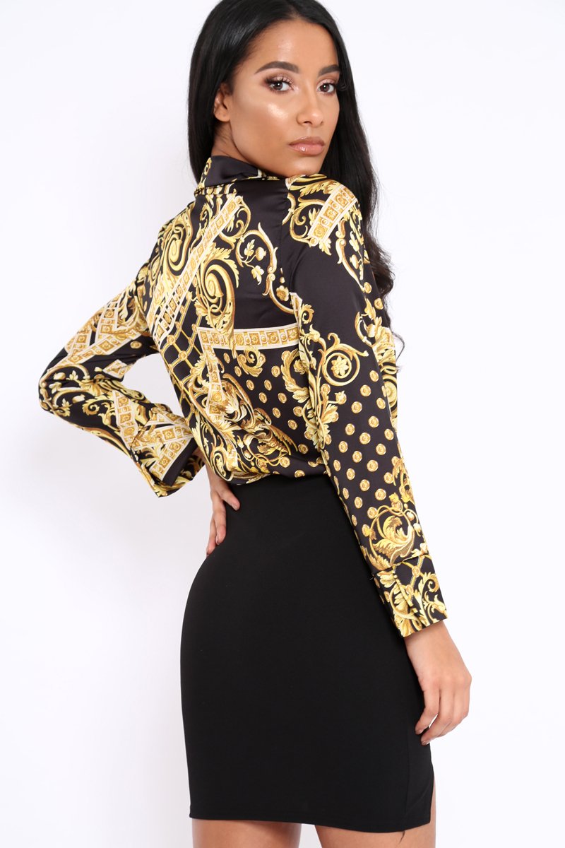 Black and Gold Scarf Print Satin Plunge Bodysuit - Moniqua