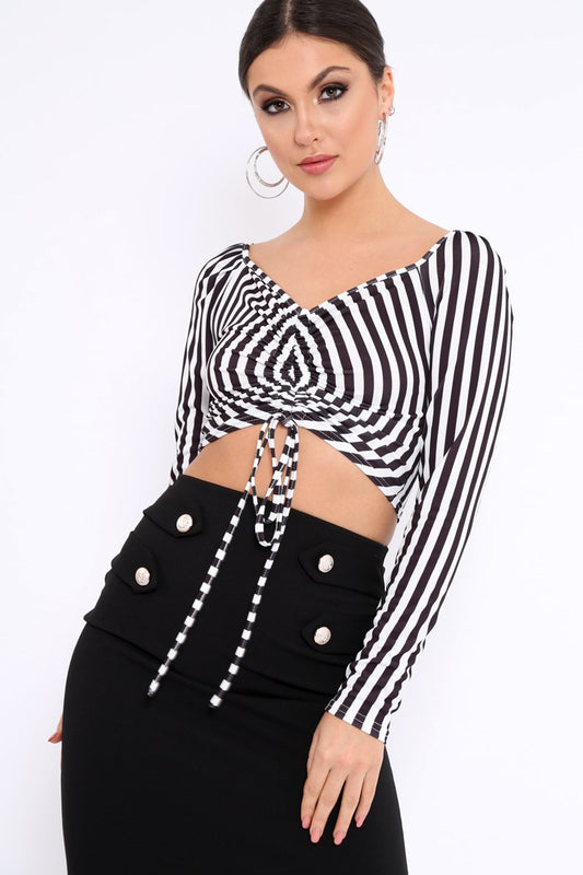 Black and White Striped Bardot Ruched Tie Top - Dakota