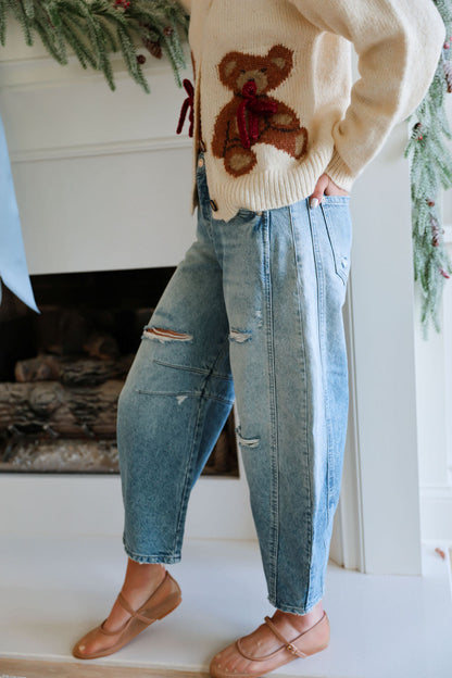 Good Luck Mid-Rise Barrel Jeans - Barnyard Blue FREE PEOPLE