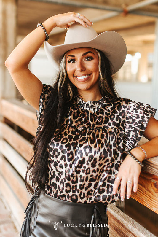 Light Leopard Satin Pleated Ruffle Sleeveless Top