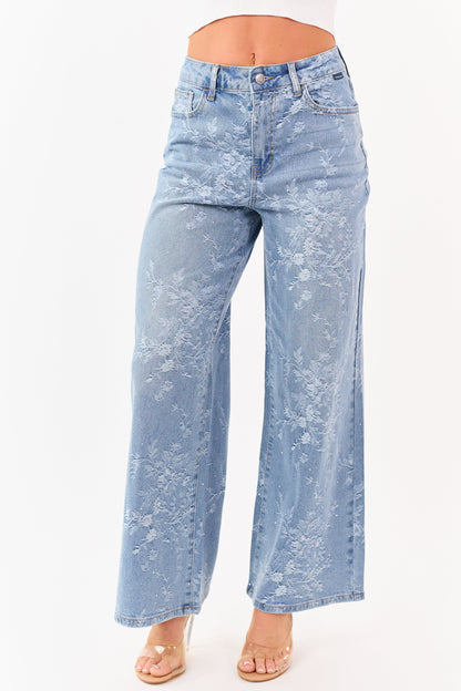 Cello Light Wash Floral Rhinestone Wide Stretch Jeans