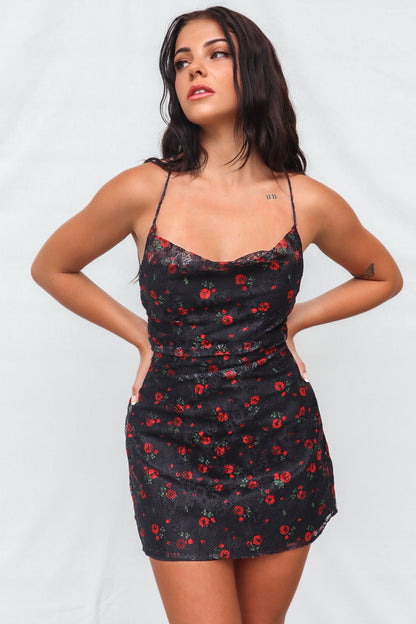 Charly Mini Dress - Black Roses