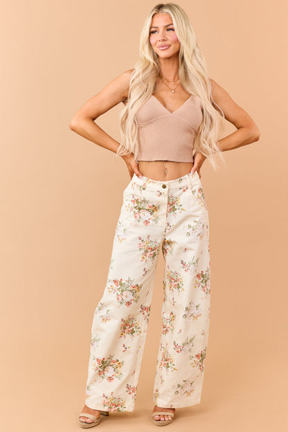 Cream Floral Print High Rise Wide Leg Jeans