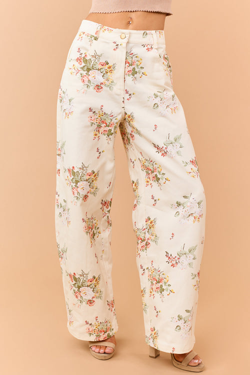 Cream Floral Print High Rise Wide Leg Jeans