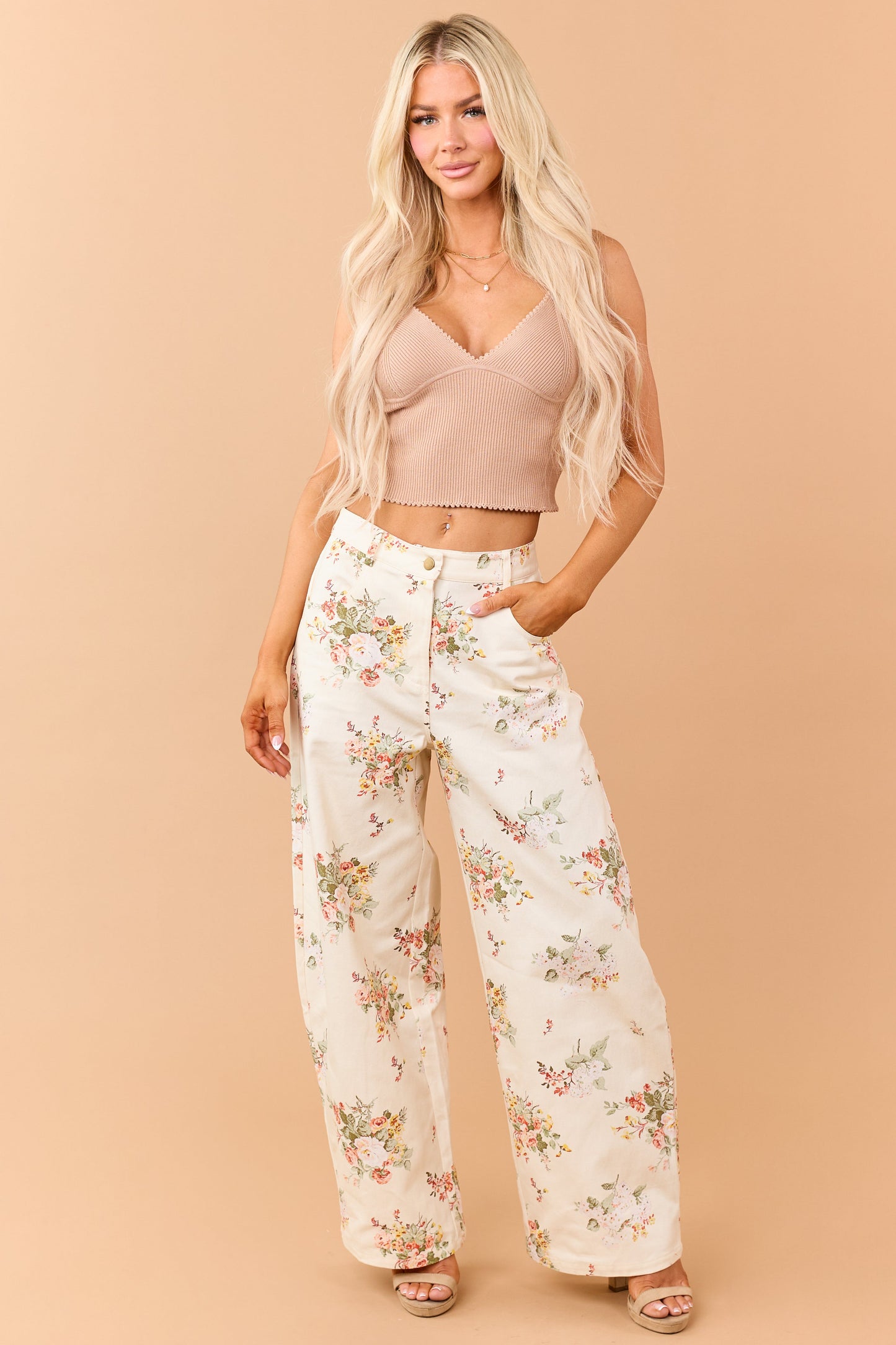 Cream Floral Print High Rise Wide Leg Jeans