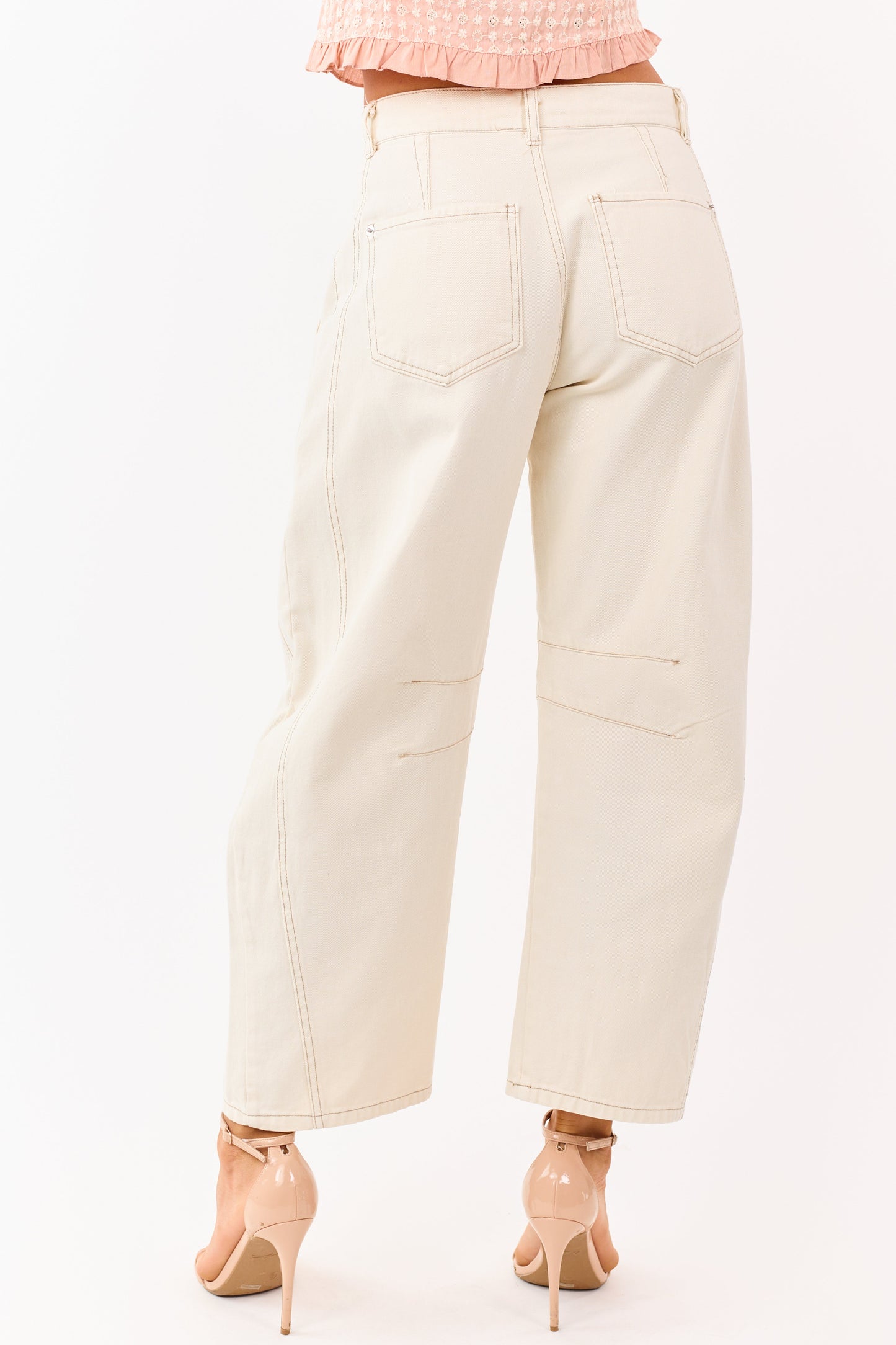 Cream High Rise Barrel Leg Cropped Length Jeans