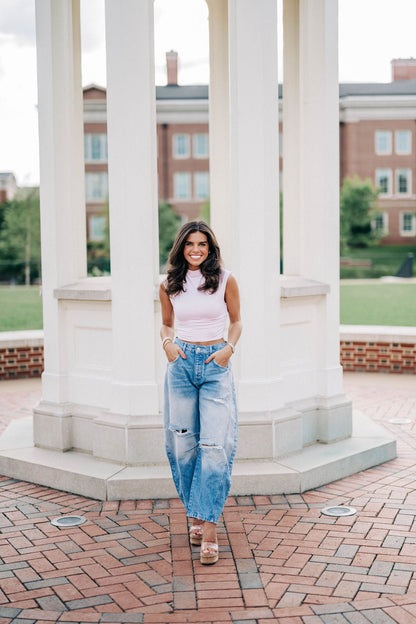 Good Luck Mid-Rise Barrel Jeans - Barnyard Blue FREE PEOPLE