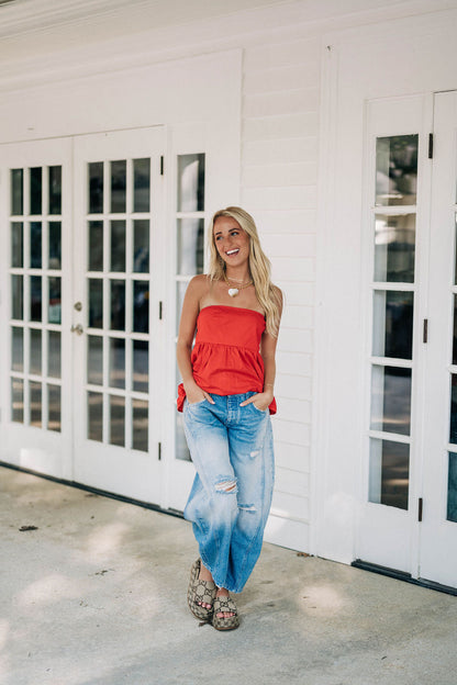 Good Luck Mid-Rise Barrel Jeans - Barnyard Blue FREE PEOPLE